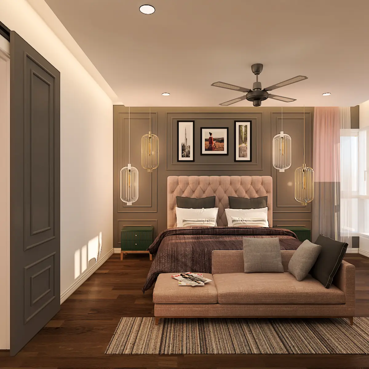 earthy traditional master bedroom with moulding — real Indian home