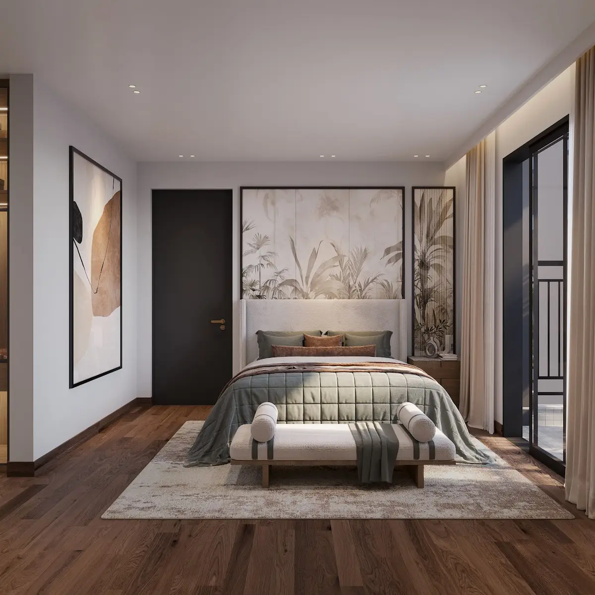 earthy modern minimalist master bedroom with wardrobe — real Indian home
