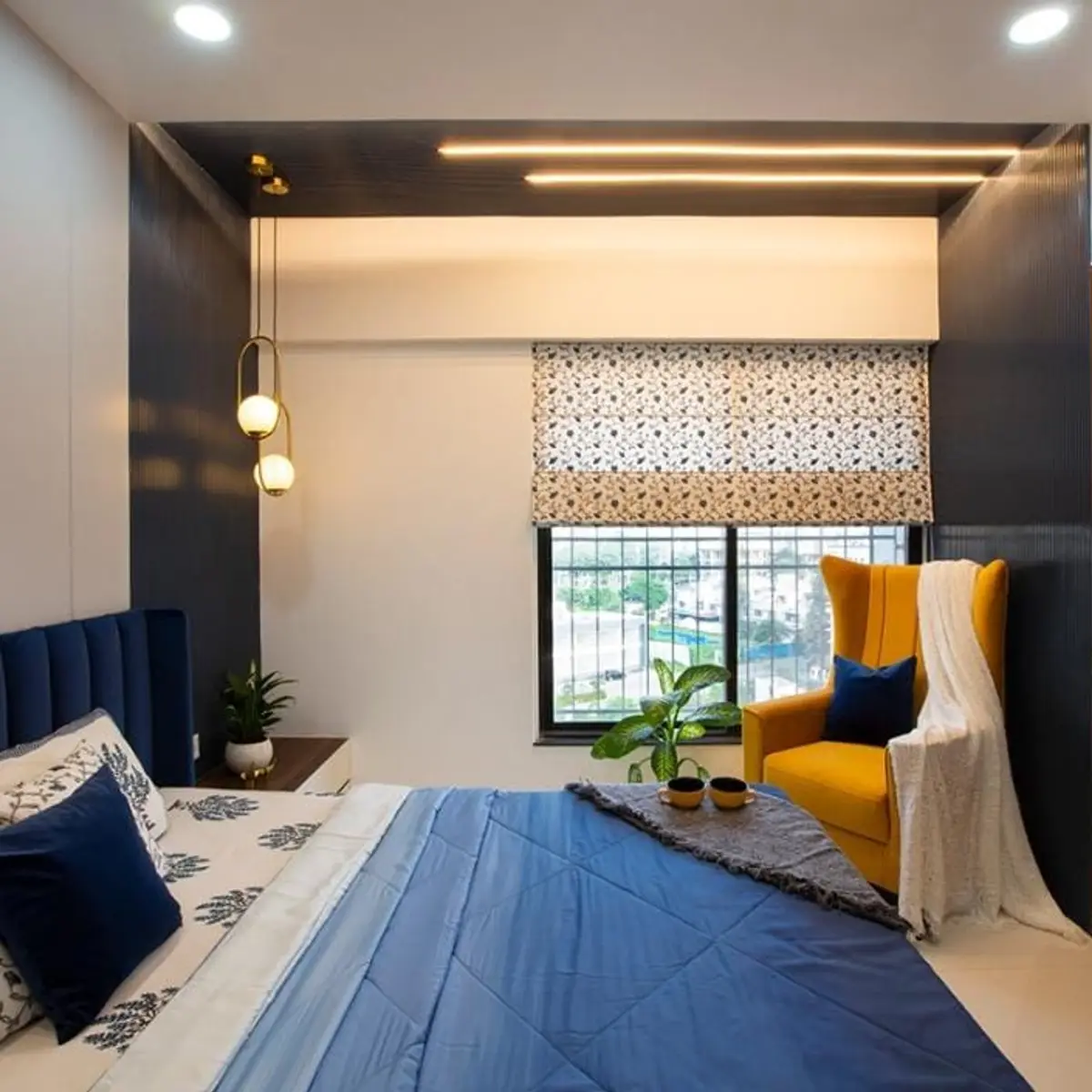 bold colour modern indian master bedroom with panelling — real Indian home