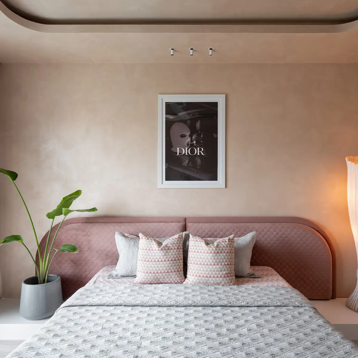pastel modern minimalist master bedroom with texture — real Indian home