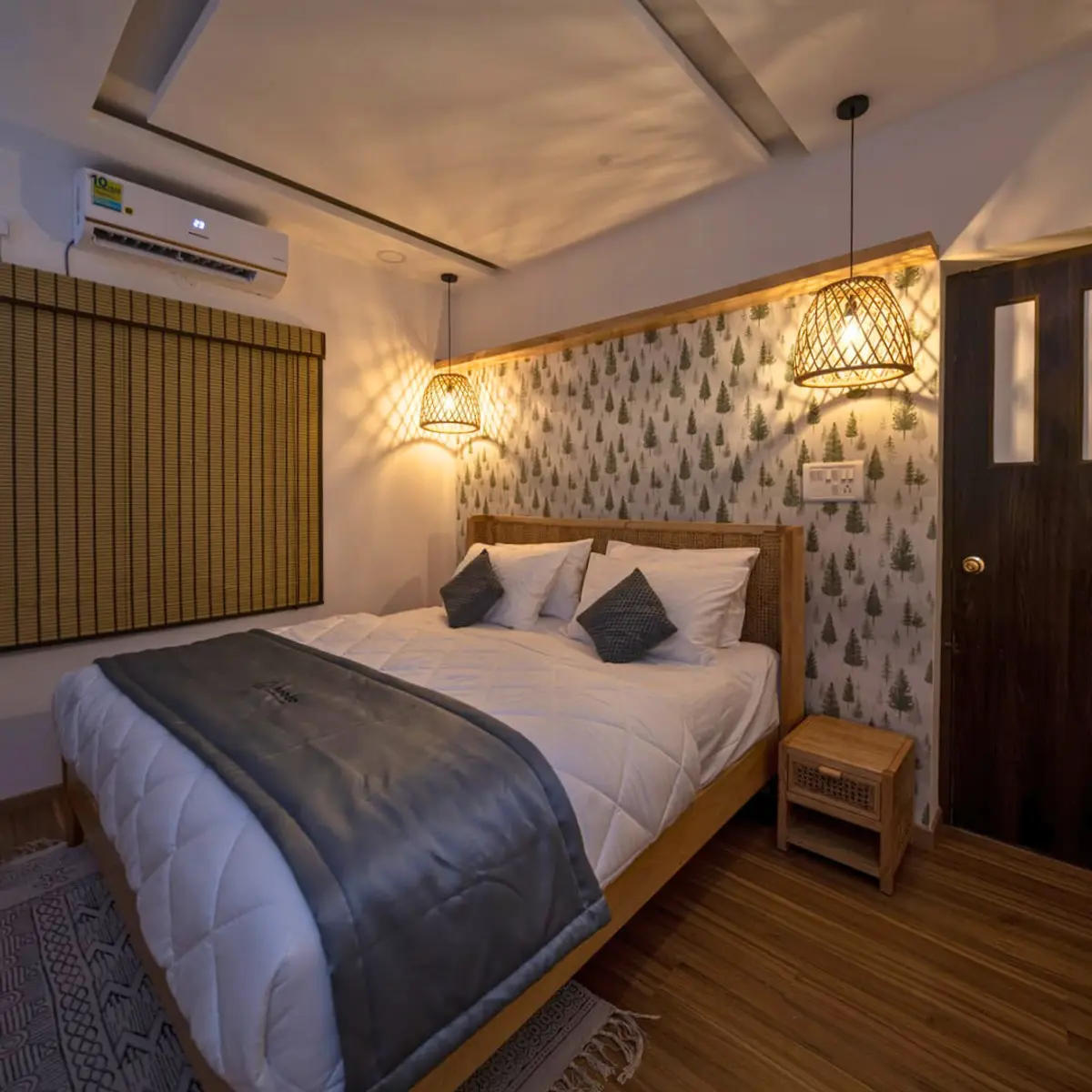 earthy boho master bedroom with wallpaper — real Indian home