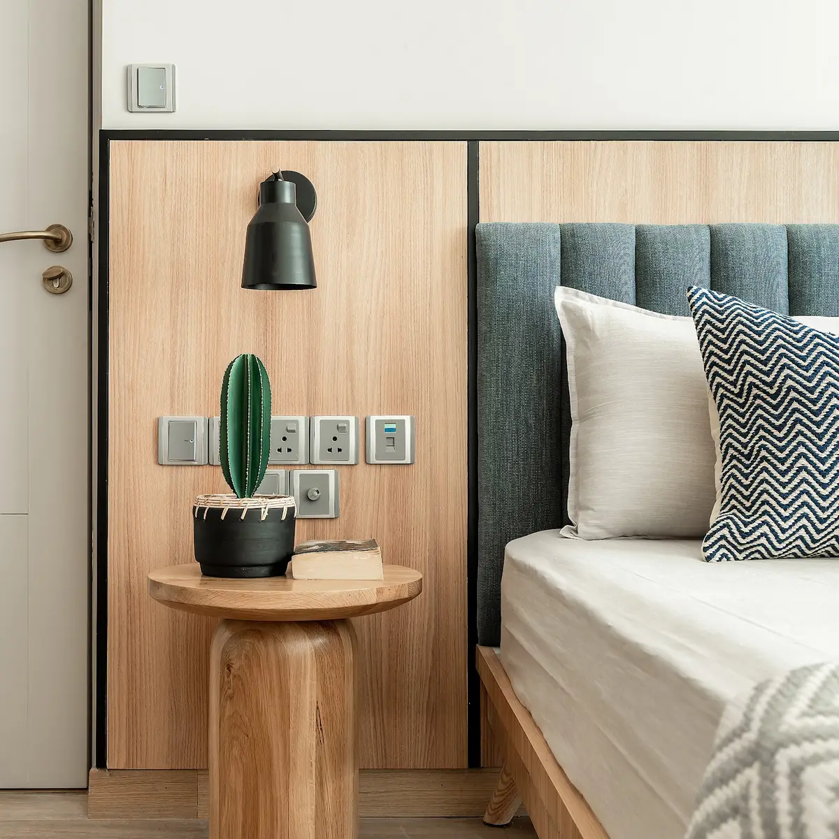 beige scandinavian master bedroom with panelling — real Indian home