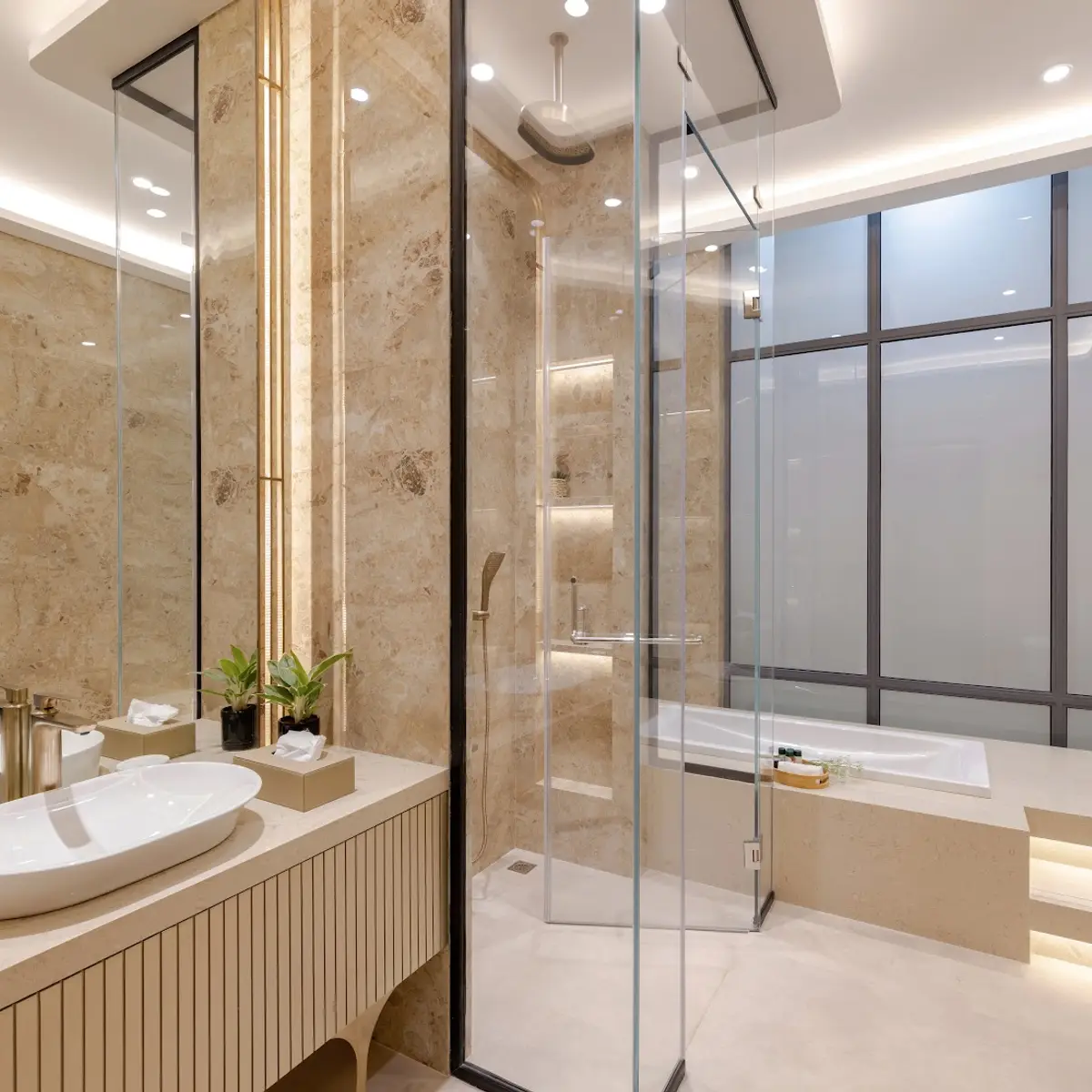 beige modern minimalist bathroom with vanity — real Indian home