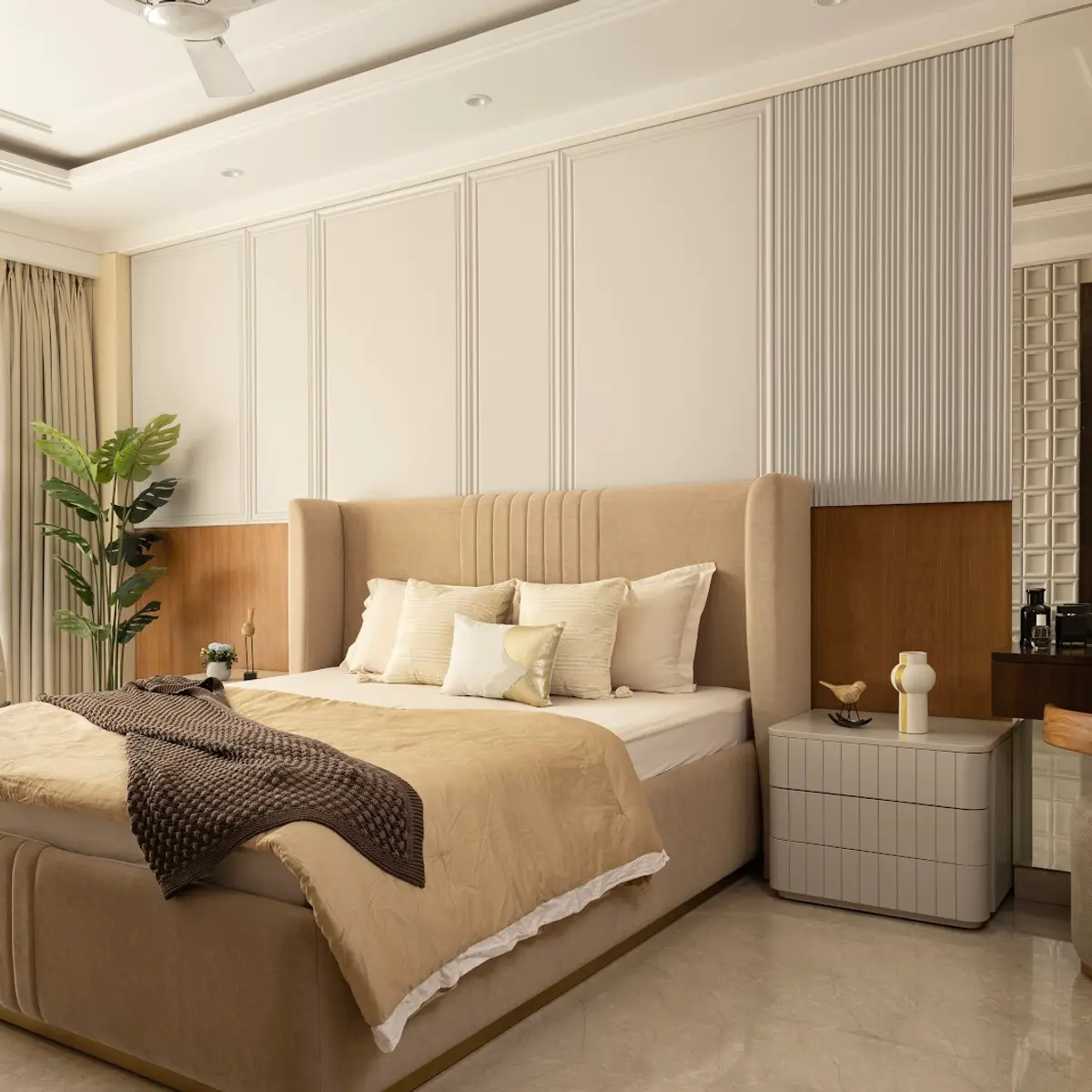 beige modern minimalist master bedroom with moulding — real Indian home