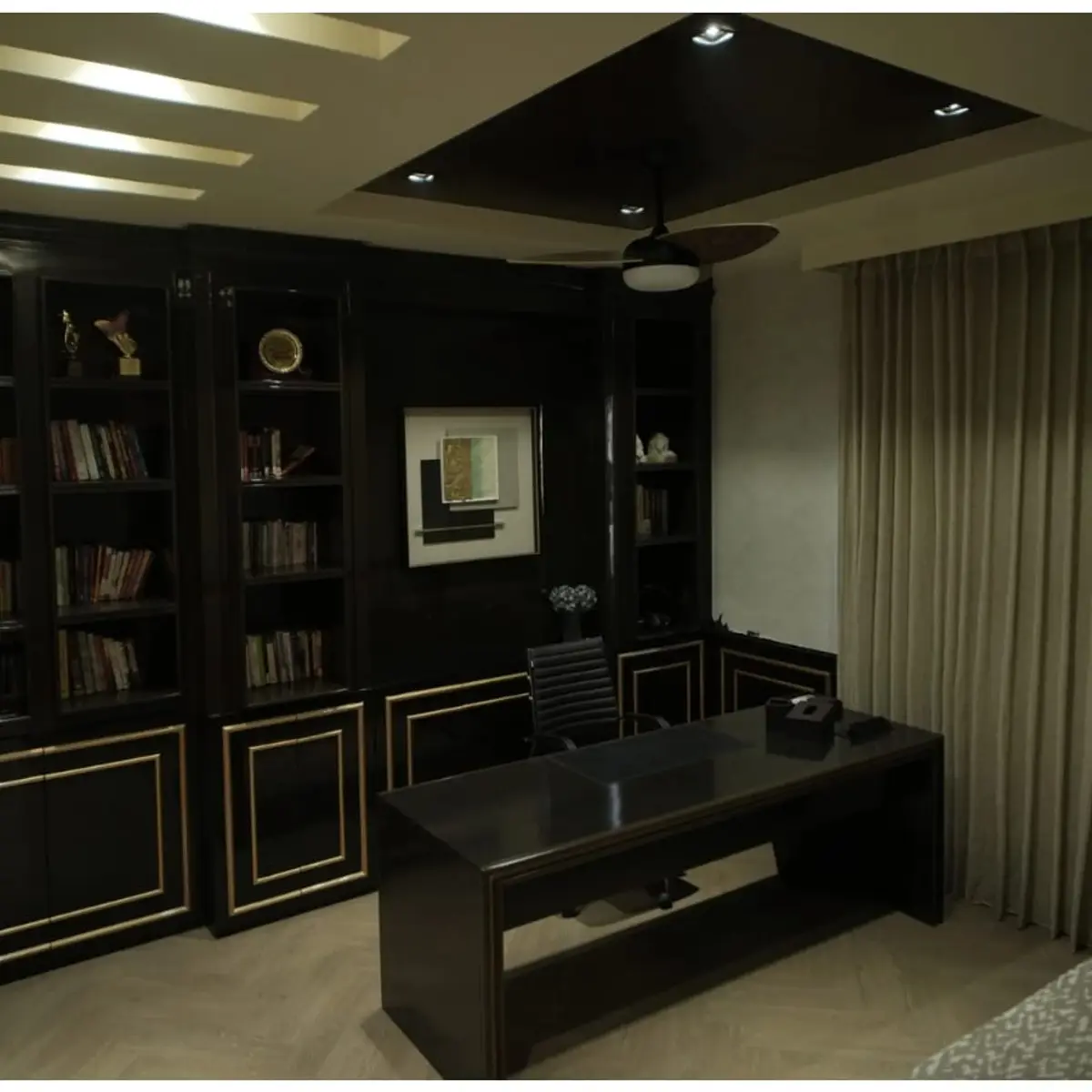 black and white luxury study room with study — real Indian home