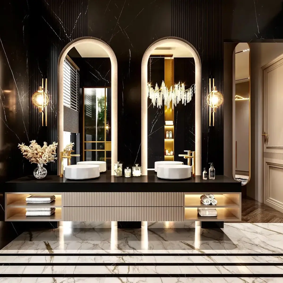 black and white luxury bathroom with vanity — real Indian home