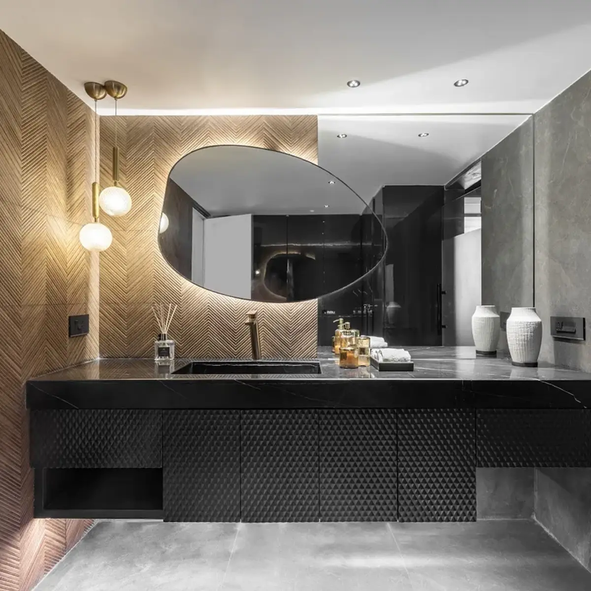 grey modern minimalist bathroom with vanity — real Indian home