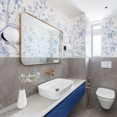 grey modern minimalist bathroom with wallpaper — real Indian home