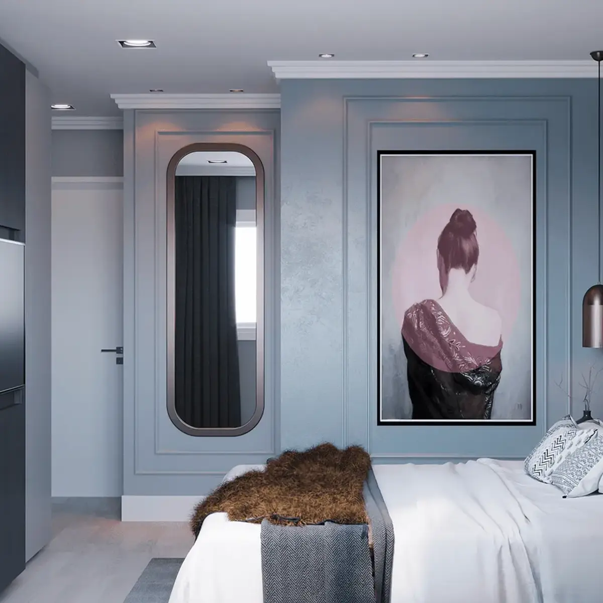 grey traditional master bedroom with moulding — real Indian home