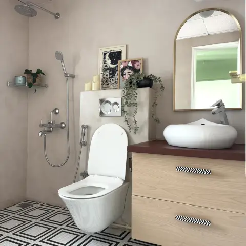 beige boho bathroom with vanity — real Indian home