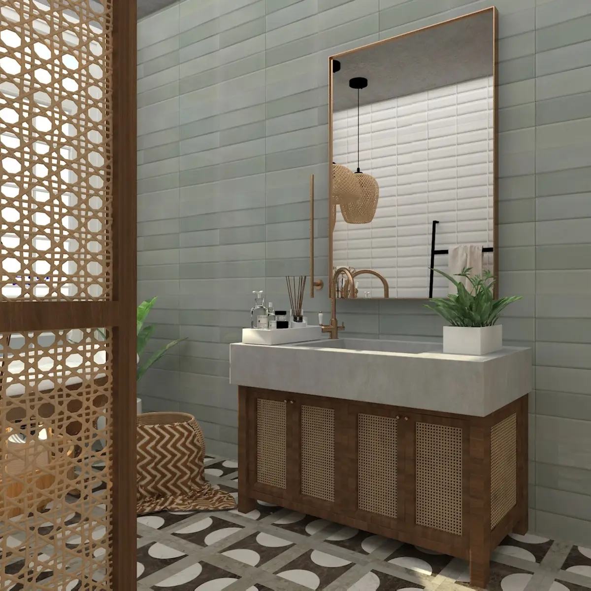 earthy boho bathroom with vanity — real Indian home