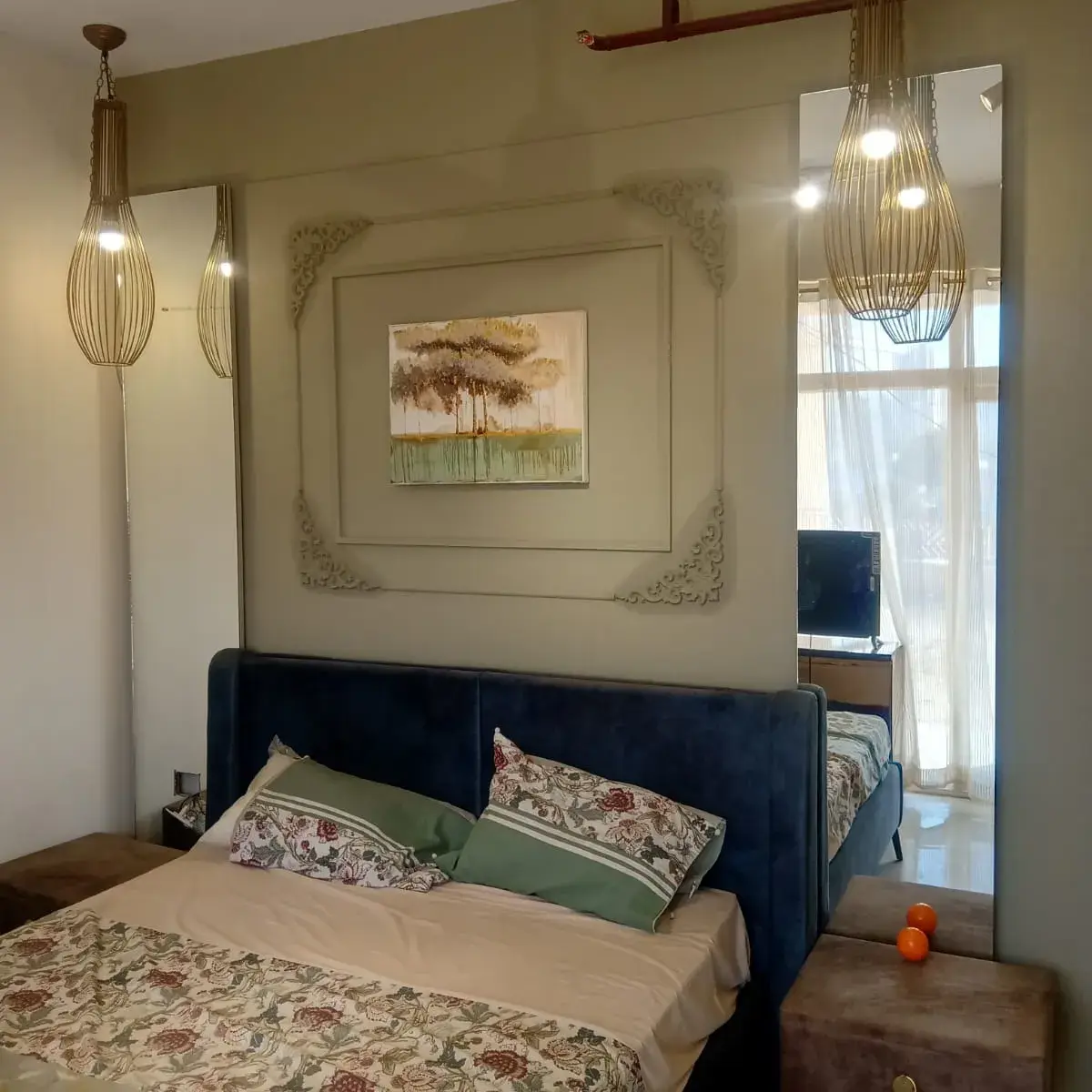 earthy boho master bedroom with wall art — real Indian home