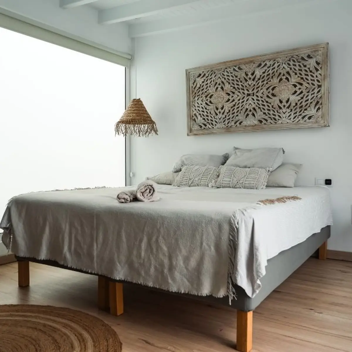 beige boho master bedroom with pendant — real Indian home