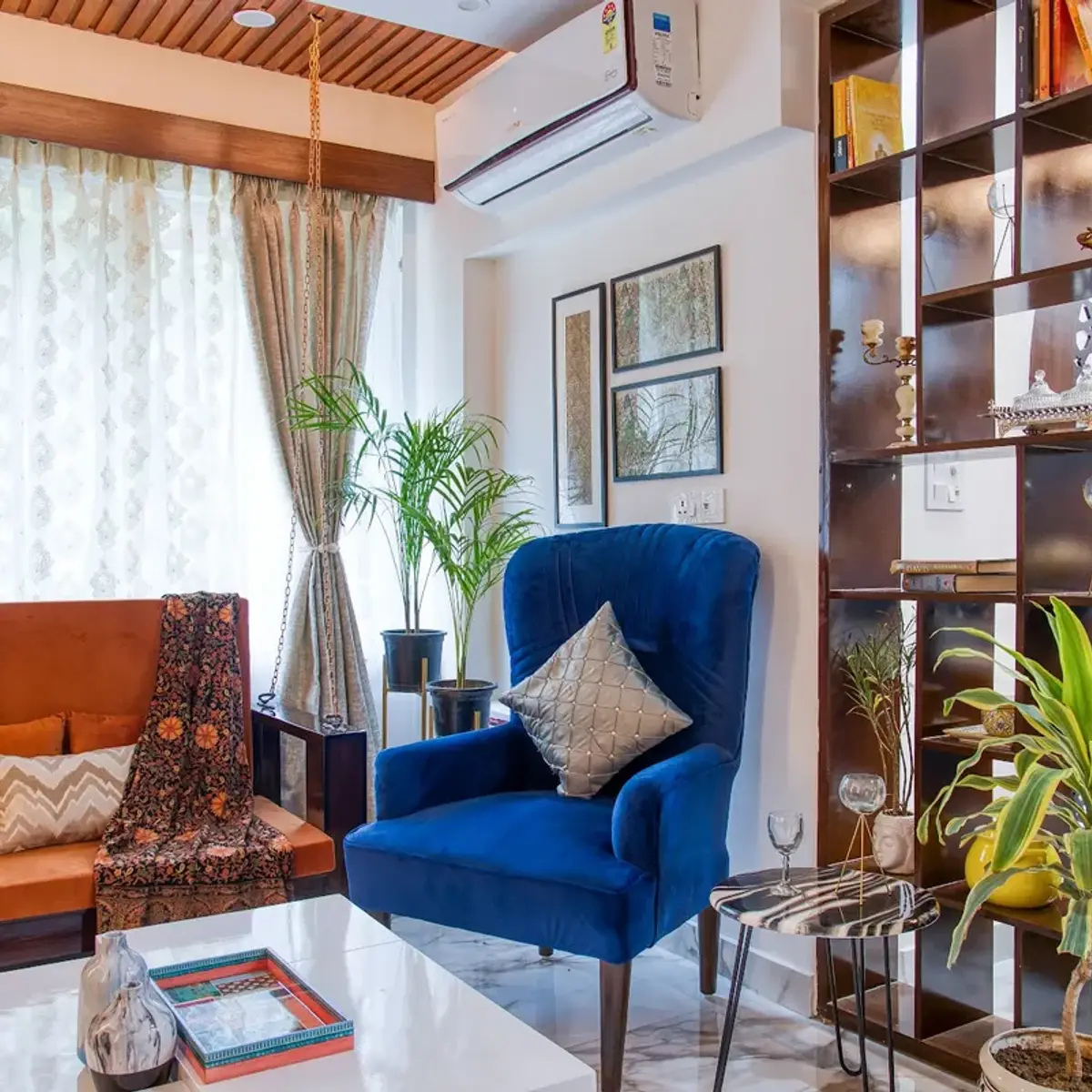 bold colour boho living room with seating — real Indian home