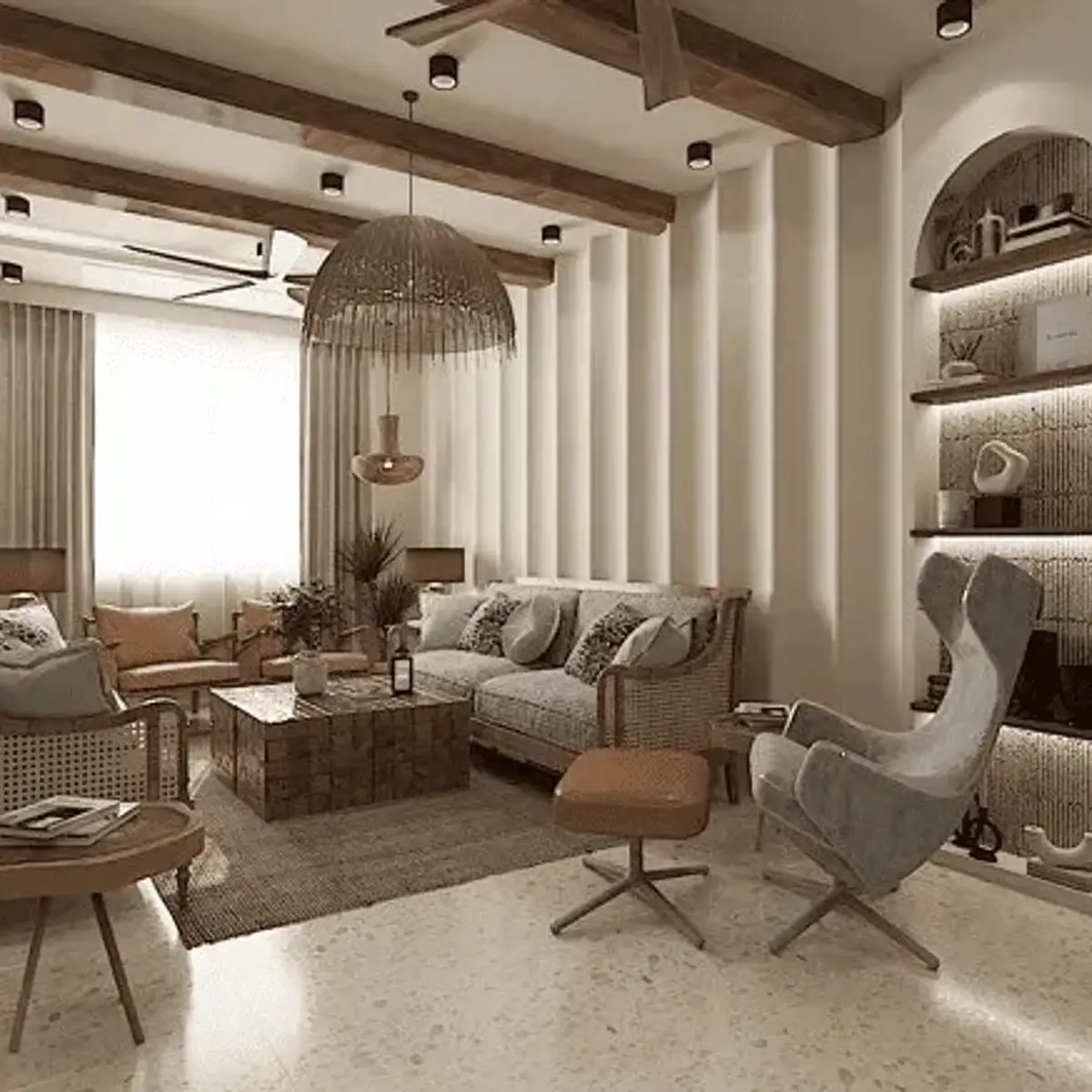 beige boho living room with wood — real Indian home