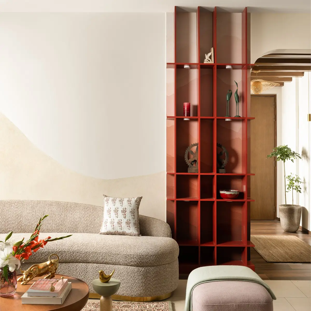 earthy boho living room with seating — real Indian home