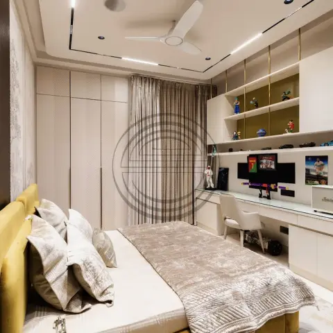 beige modern minimalist kids bedroom with wardrobe — real Indian home
