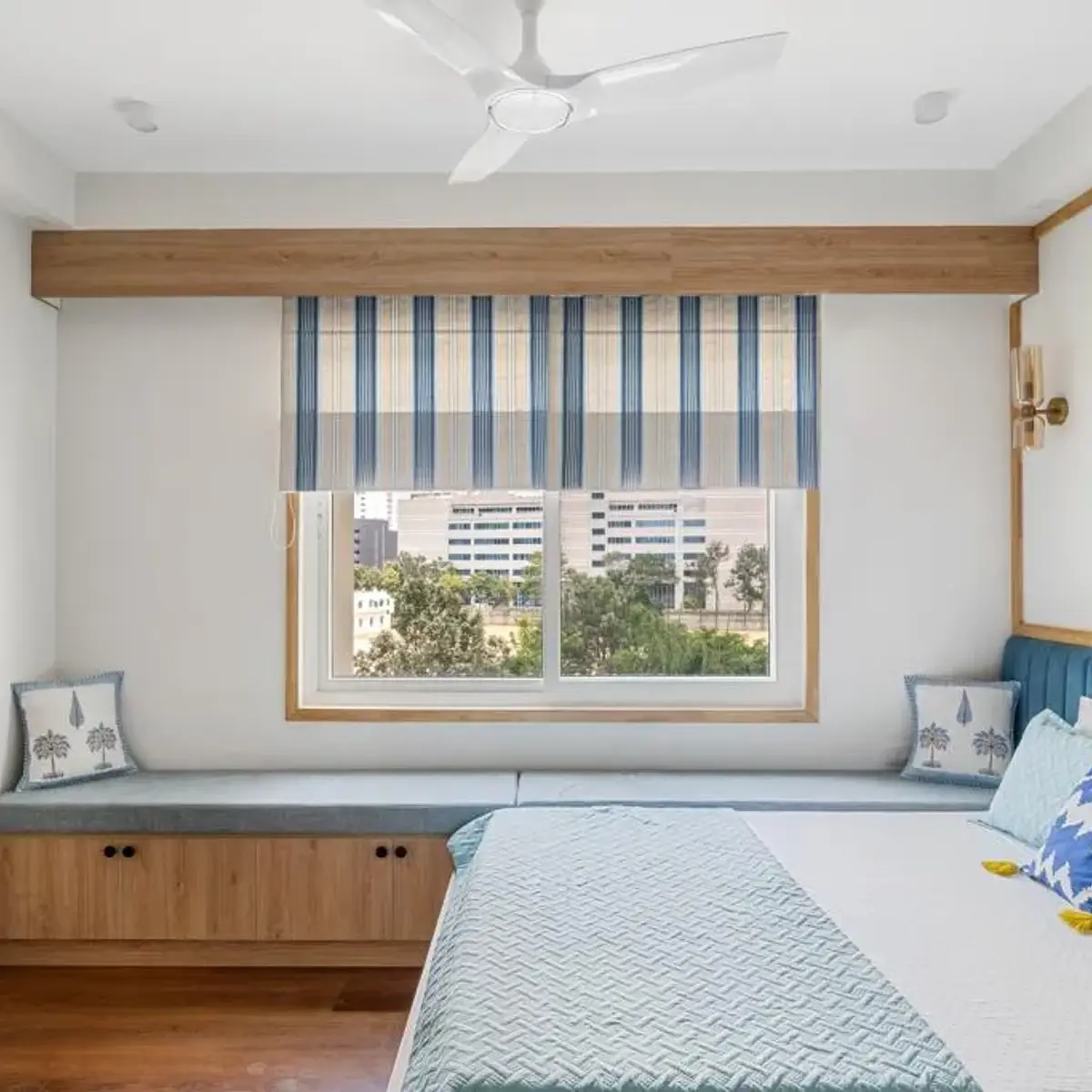 pastel scandinavian master bedroom with bed — real Indian home
