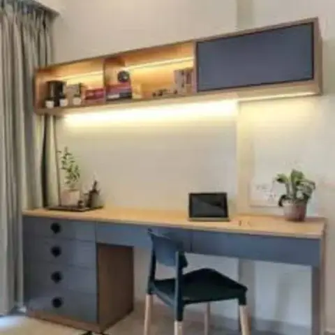 grey scandinavian study room with study — real Indian home