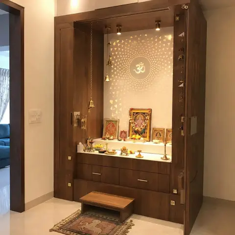 beige modern indian pooja room with pooja — real Indian home