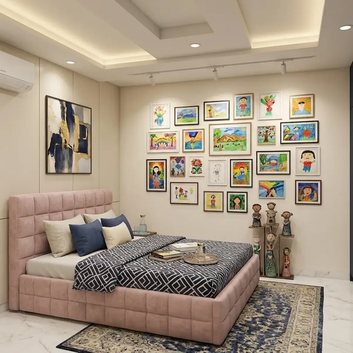 beige modern indian kids bedroom with wall art — real Indian home