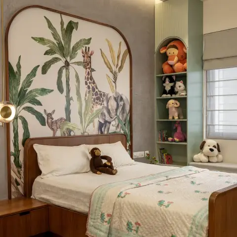 earthy modern indian kids bedroom with wallpaper — real Indian home