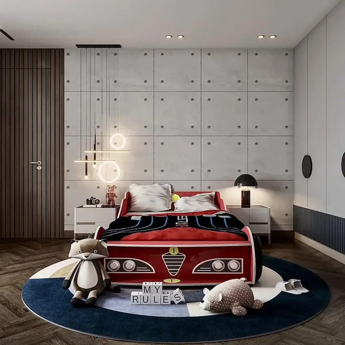 grey kids bedroom with wardrobe — real Indian home