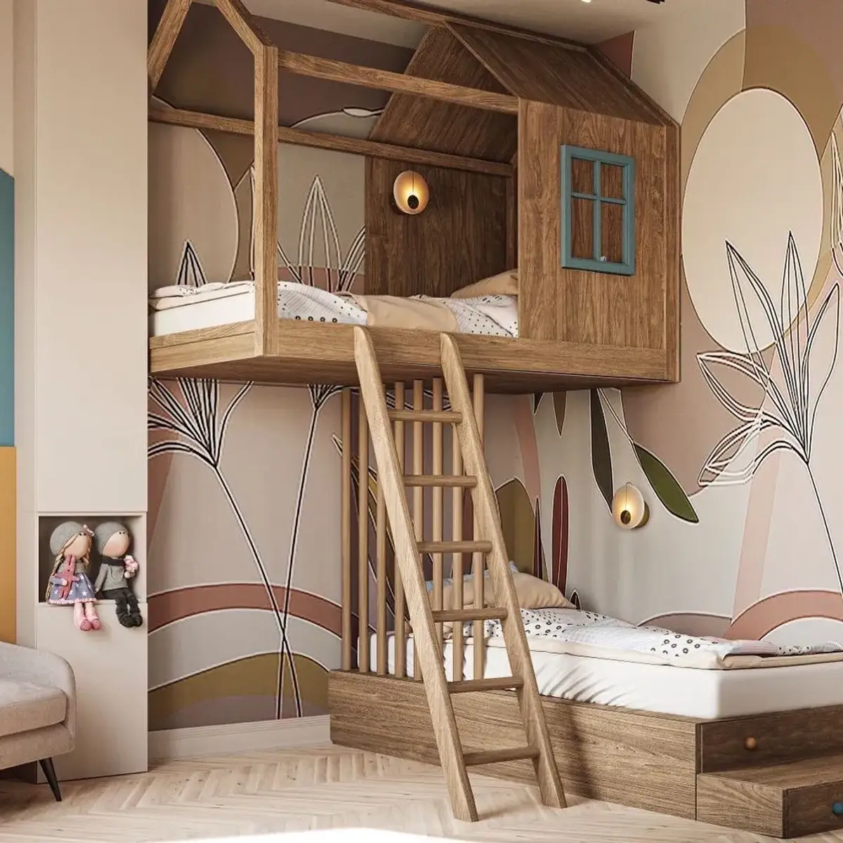 earthy scandinavian kids bedroom with wallpaper — real Indian home