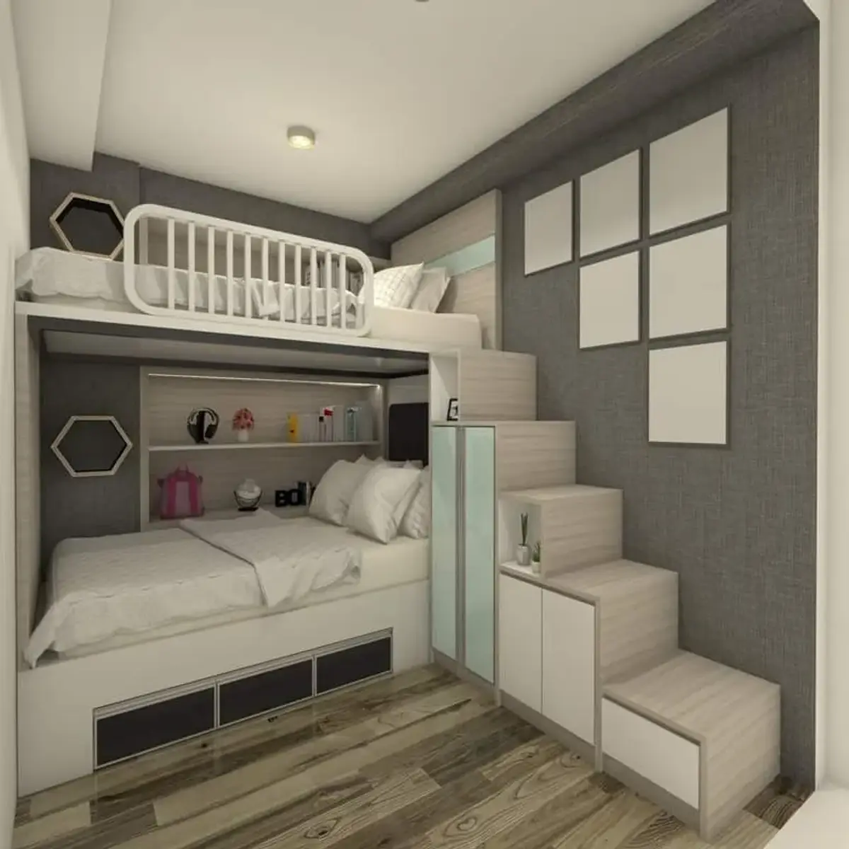 grey modern minimalist kids bedroom with bed — real Indian home