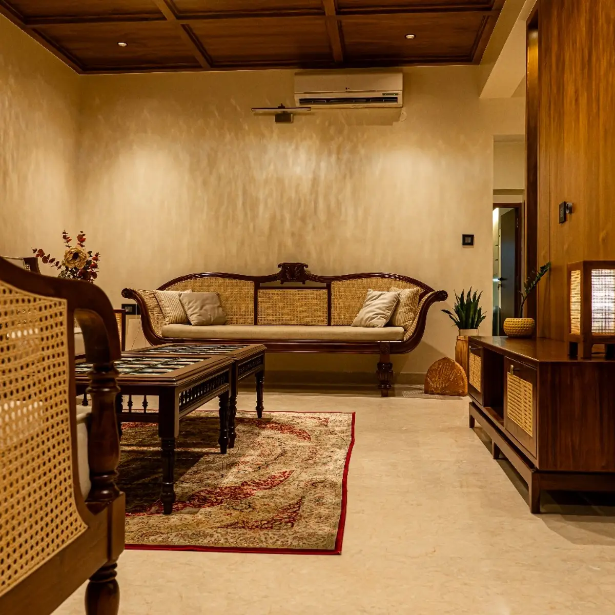 earthy traditional living room with wood — real Indian home