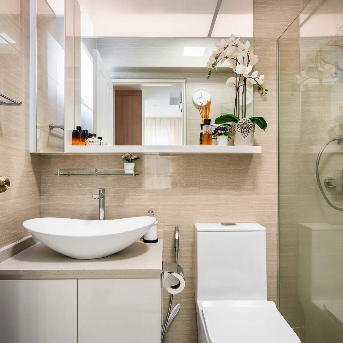 beige modern minimalist bathroom with vanity — real Indian home