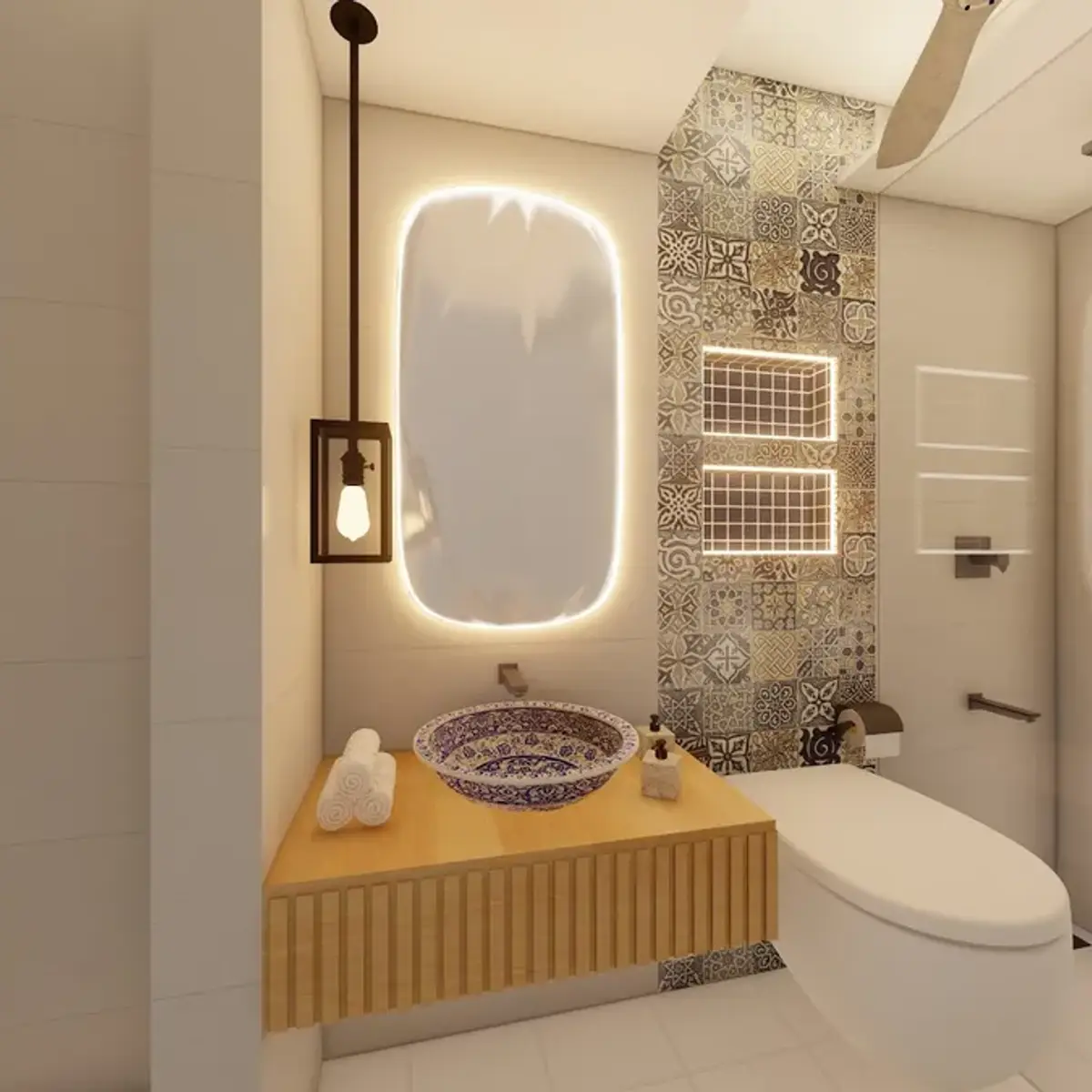 beige modern indian bathroom with vanity — real Indian home