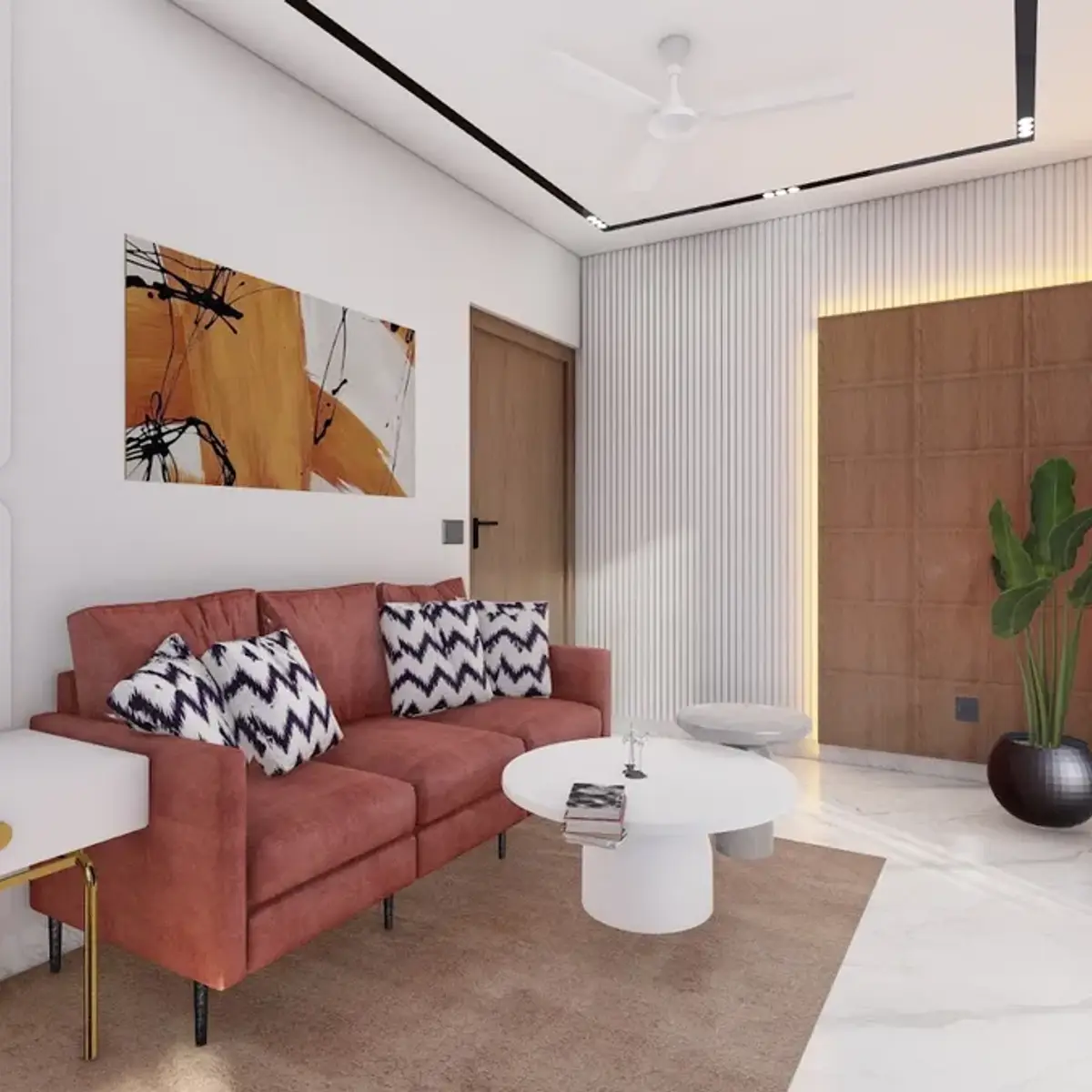 earthy modern minimalist living room with panelling — real Indian home