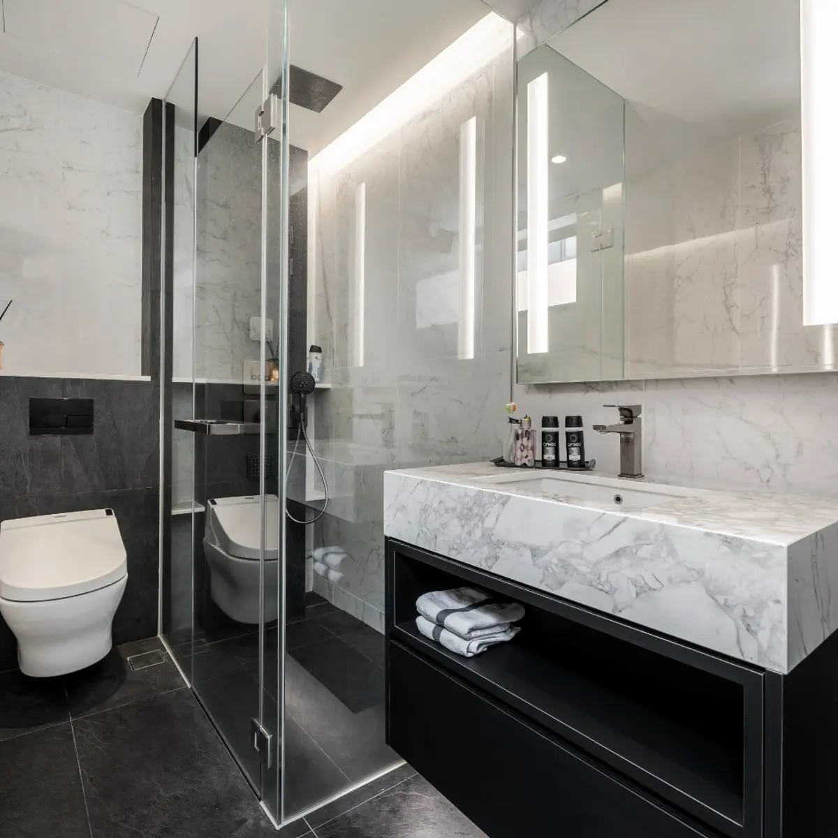 black and white modern minimalist bathroom with vanity — real Indian home