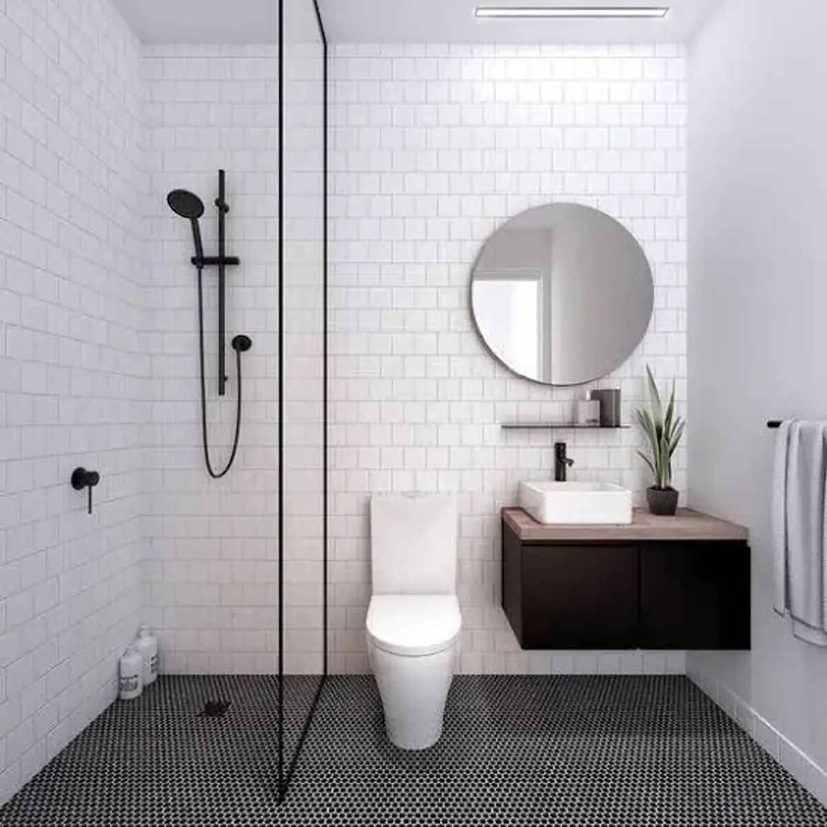 black and white modern minimalist bathroom with tiles — real Indian home