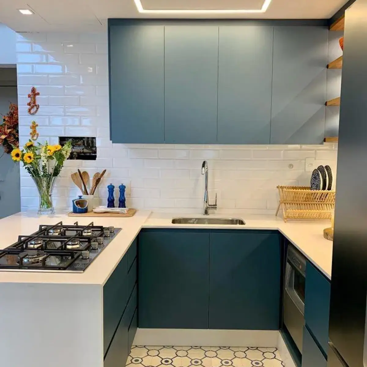 jewel tone modern minimalist kitchen with layout — real Indian home