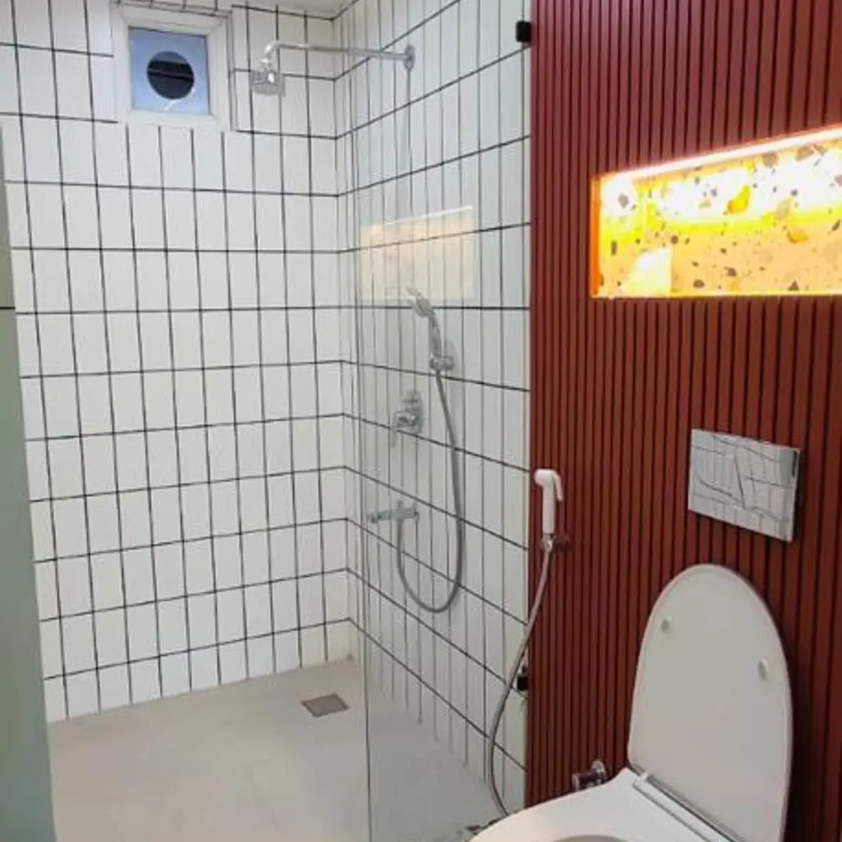 beige modern minimalist bathroom with tiles — real Indian home