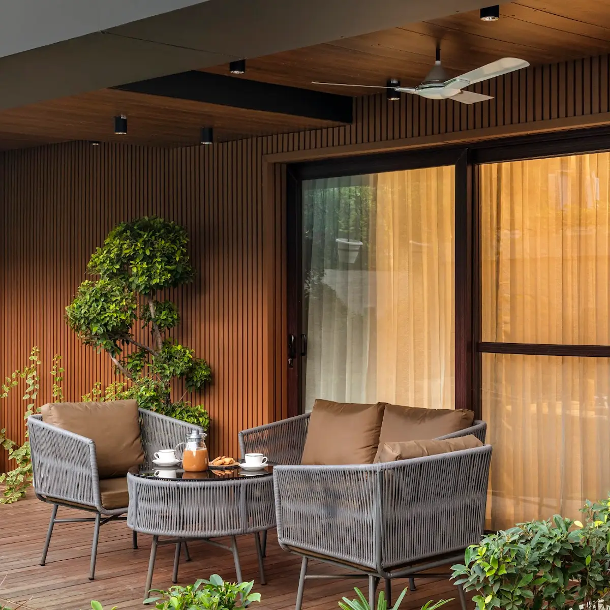 earthy modern minimalist balcony with outdoor — real Indian home