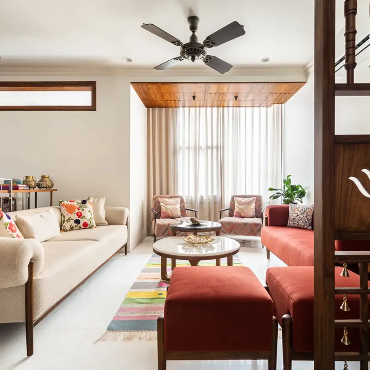 earthy modern indian living room with seating — real Indian home