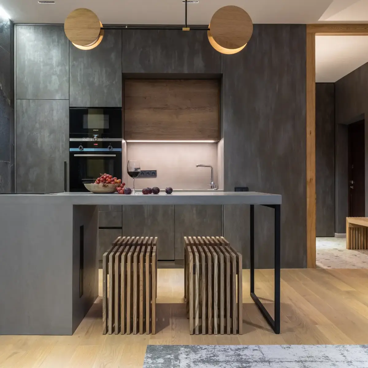 grey modern minimalist kitchen with layout — real Indian home