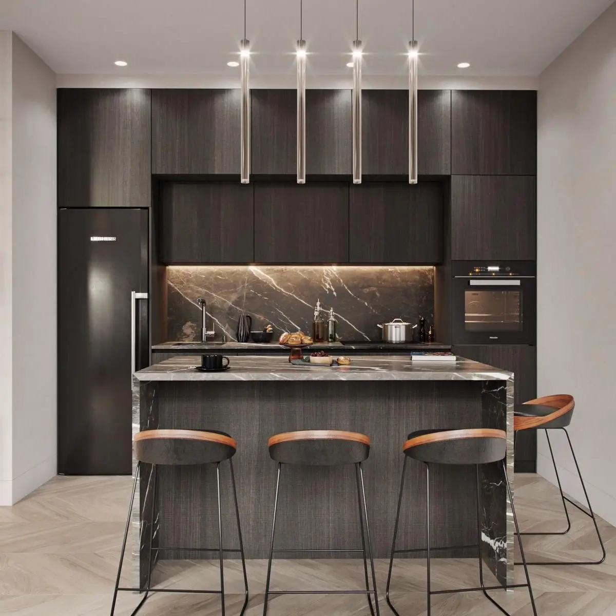 black and white modern minimalist kitchen with layout — real Indian home
