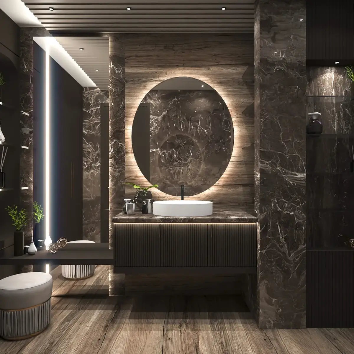 earthy luxury bathroom with vanity — real Indian home