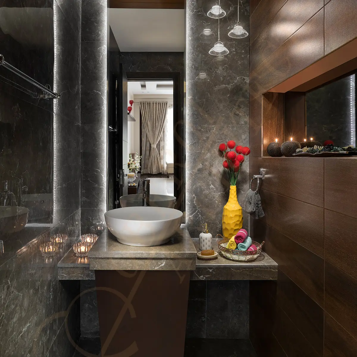 earthy luxury bathroom with vanity — real Indian home
