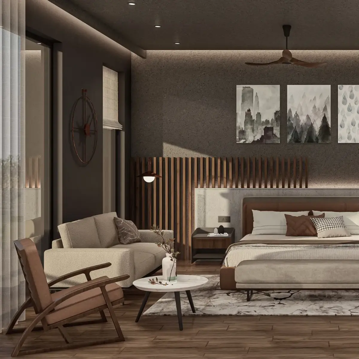 earthy modern minimalist master bedroom with moulding — real Indian home