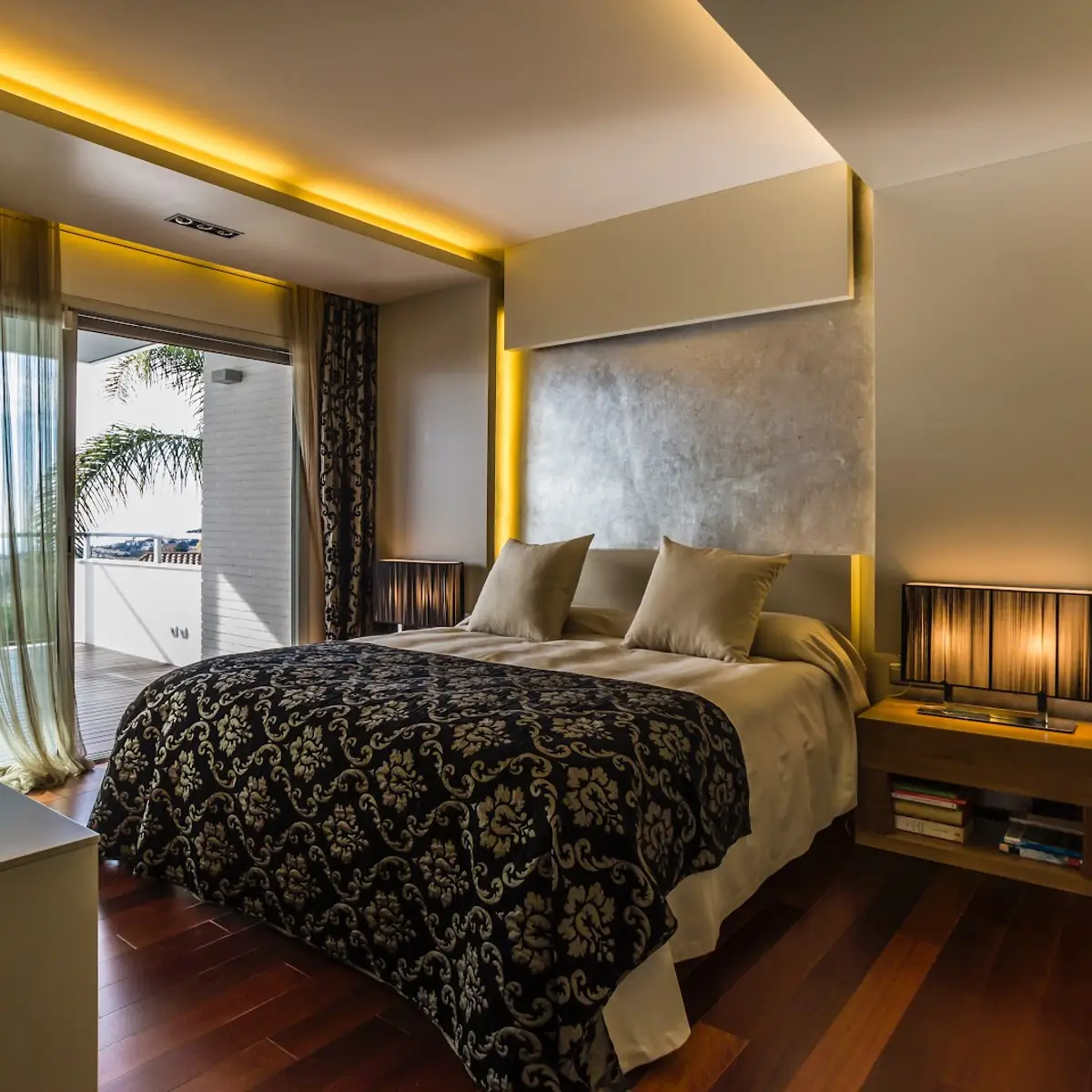 beige luxury master bedroom with cove — real Indian home