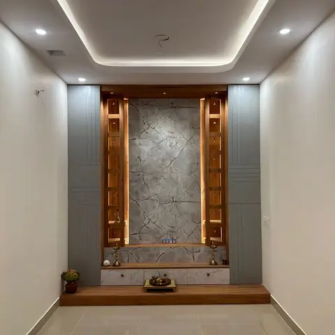 grey modern indian pooja room with cladding — real Indian home