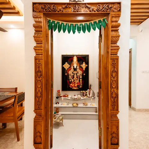 earthy traditional pooja room with pooja — real Indian home