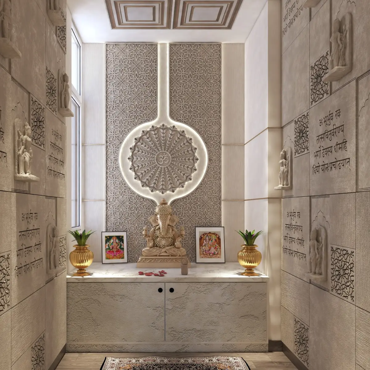 beige traditional pooja room with jaali — real Indian home