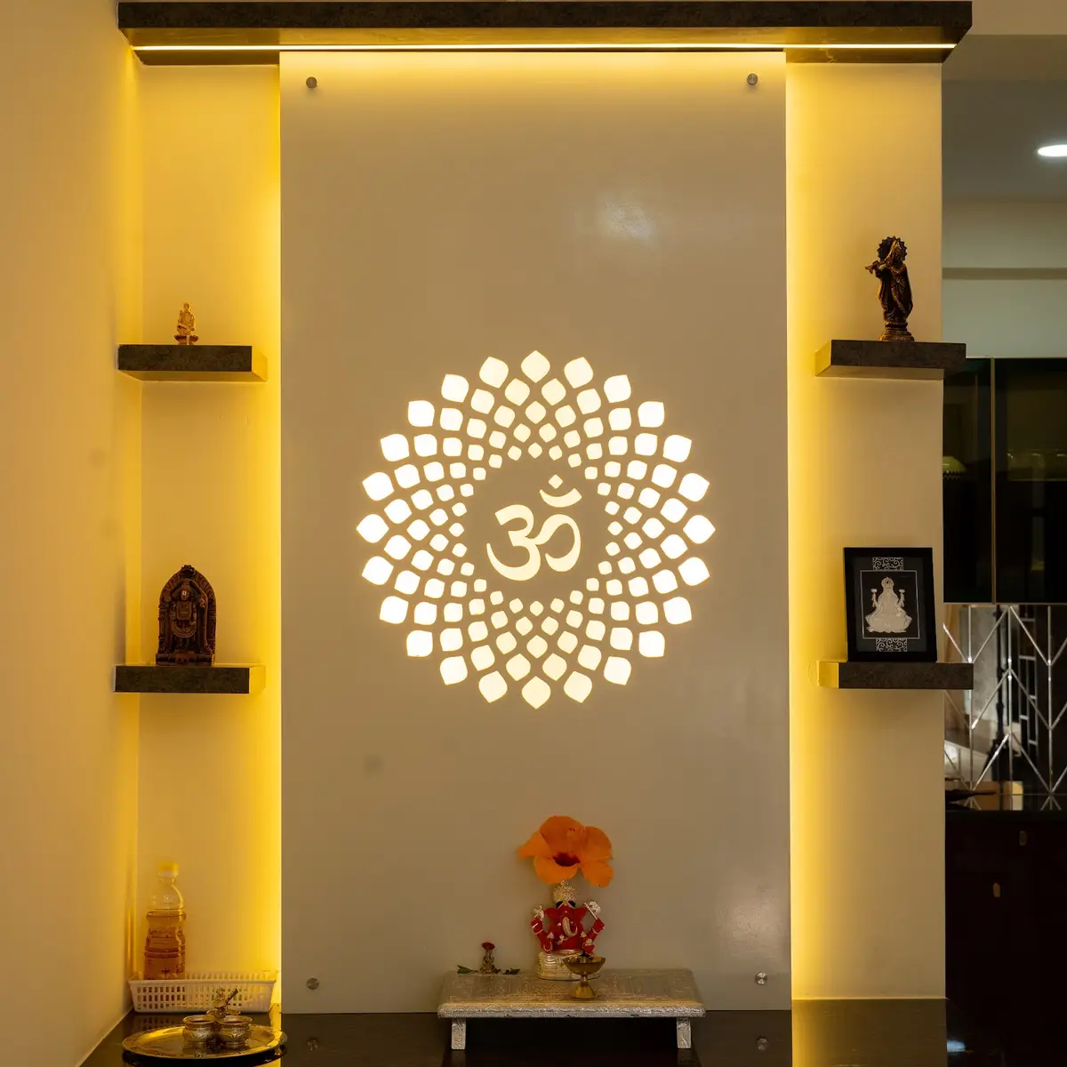 beige modern indian pooja room with pooja — real Indian home