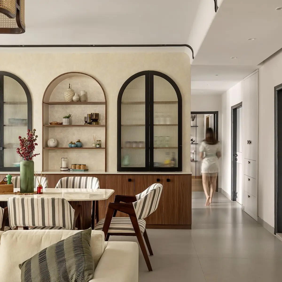 beige boho dining room with crockery — real Indian home